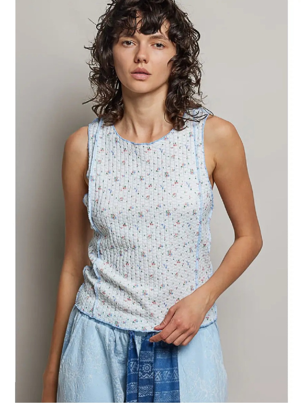 POL Light Blue Floral Ribbed Knit Tank Top - Women's